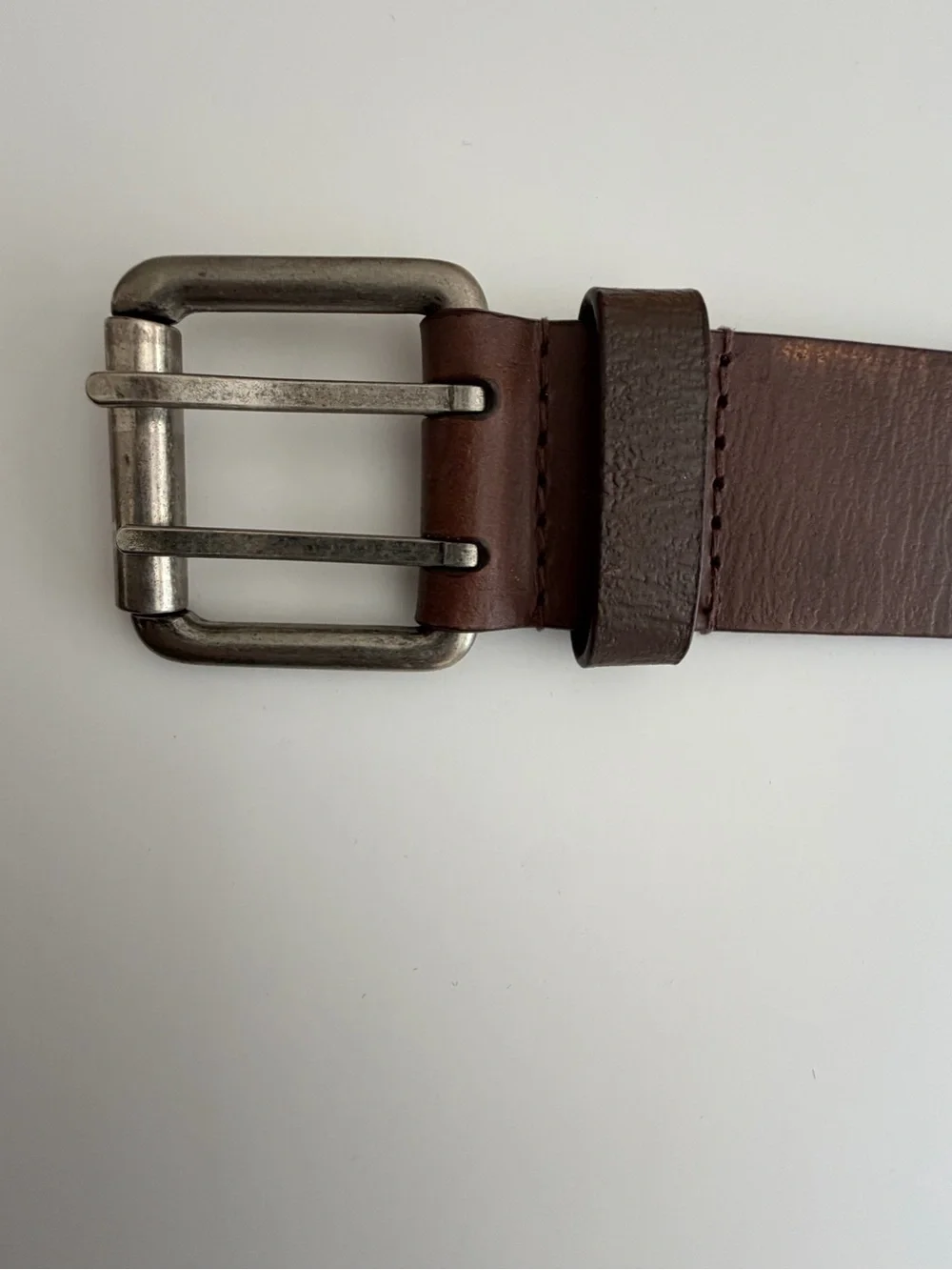 Brown Genuine Leather Studded Belt Hammered Silver-Tone Buckle 42”